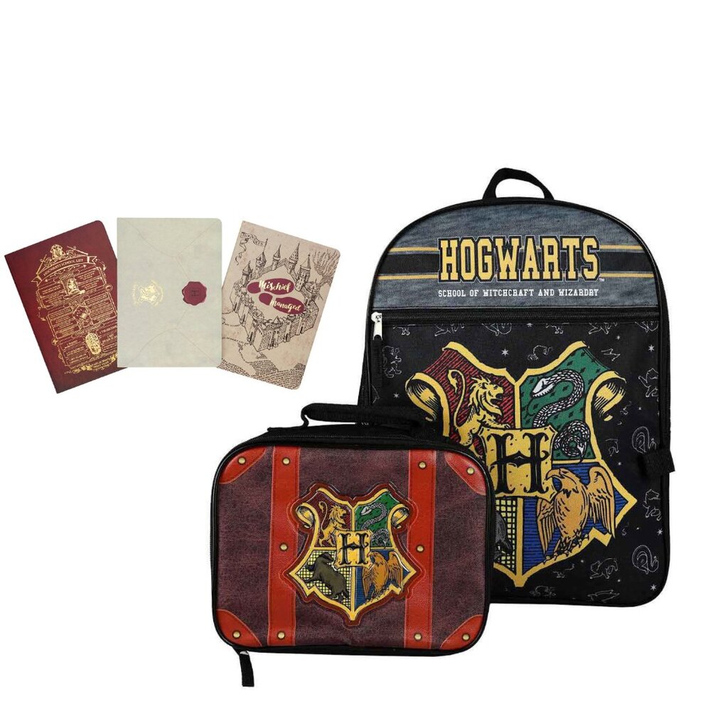 Harry Potter Hogwarts Backpack and Insulated Lunch Box with Notebooks 3 Pack Set